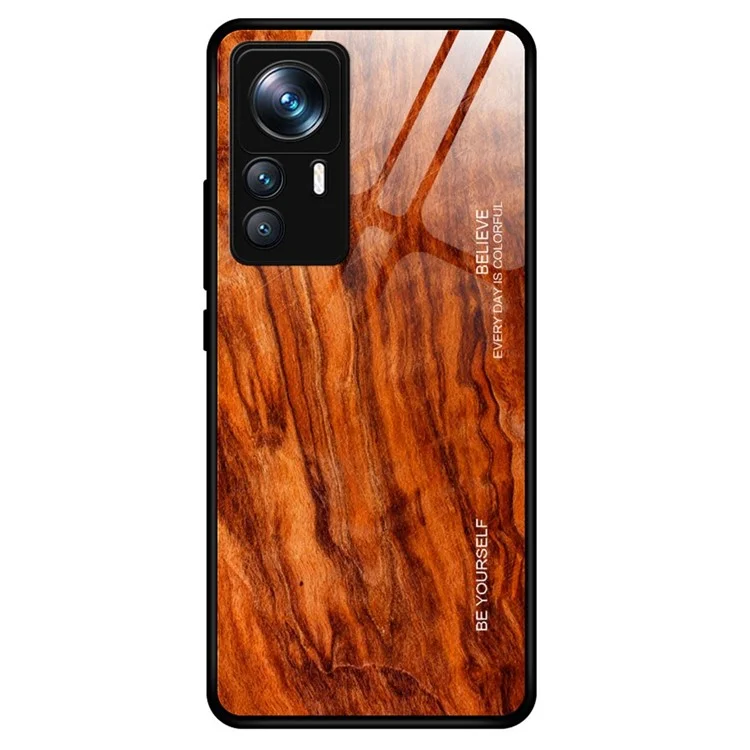 For Xiaomi 12T Pro 5G Drop Resistant Wooden Pattern Tempered Glass Shell Phone Case TPU Frame Protective Cover - Orange
