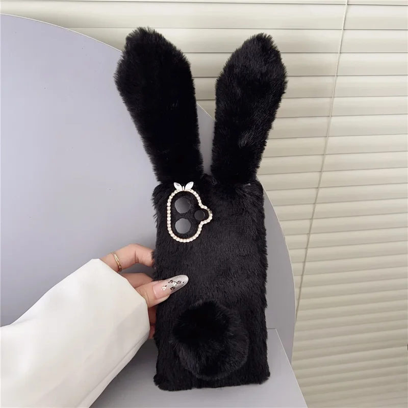 For Samsung Galaxy S26 Edge Case Plush Cute Bunny Winter Fluffy TPU Phone Cover - Black