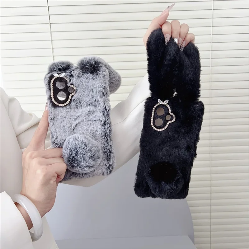 For Samsung Galaxy S26 Edge Case Plush Cute Bunny Winter Fluffy TPU Phone Cover - Black