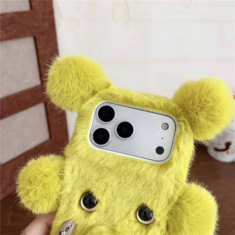 For iPhone 17 Pro Max Case 3D Bear Faux Fur Fluffy Inner TPU Phone Cover - Yellow