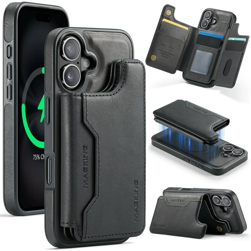 MAGKING K3 Series For iPhone 17 Case Compatible with MagSafe Wallet PC + TPU + PU Phone Cover - Black