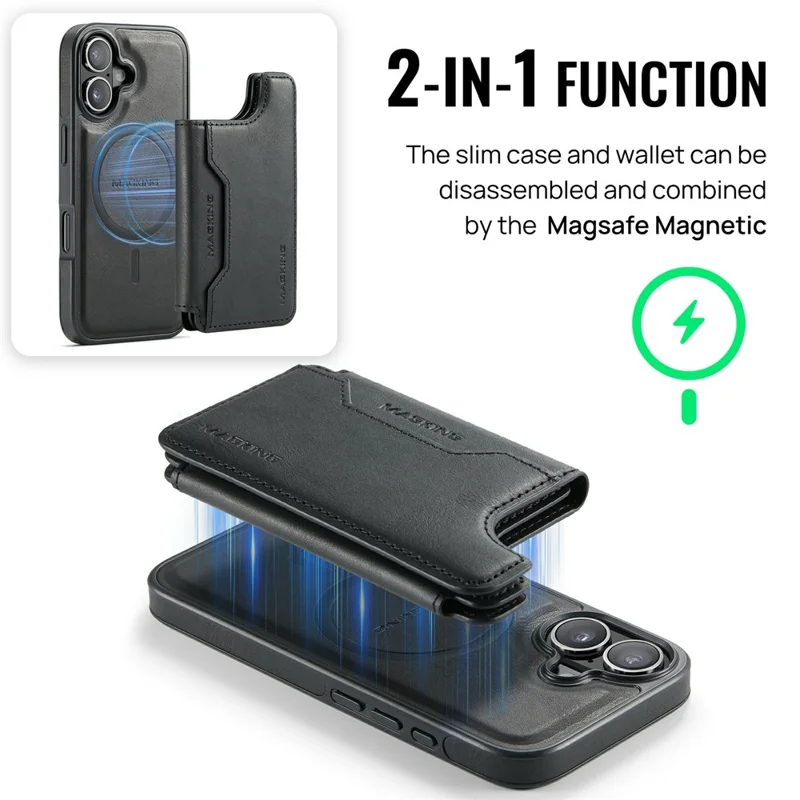 MAGKING K3 Series For iPhone 17 Case Compatible with MagSafe Wallet PC + TPU + PU Phone Cover - Black