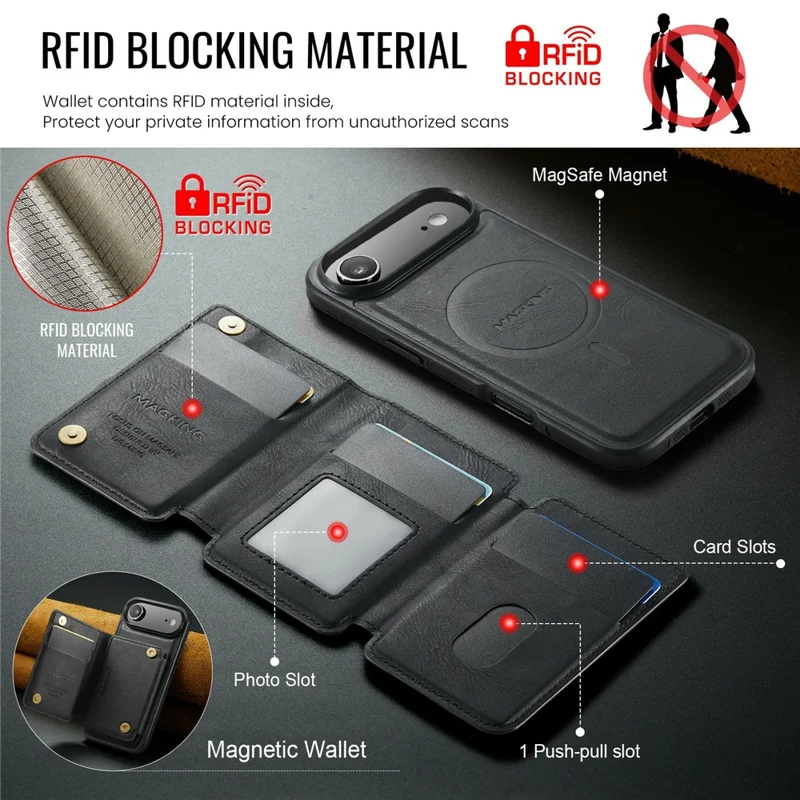 MAGKING K3 Series For iPhone Air Case Compatible with MagSafe Wallet PC + TPU + PU Phone Cover - Black