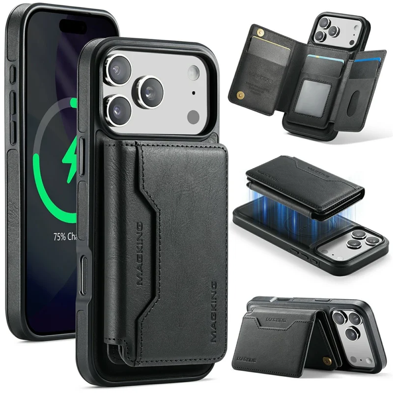 MAGKING K3 Series For iPhone 17 Pro Case Compatible with MagSafe Wallet PC + TPU + PU Phone Cover - Black