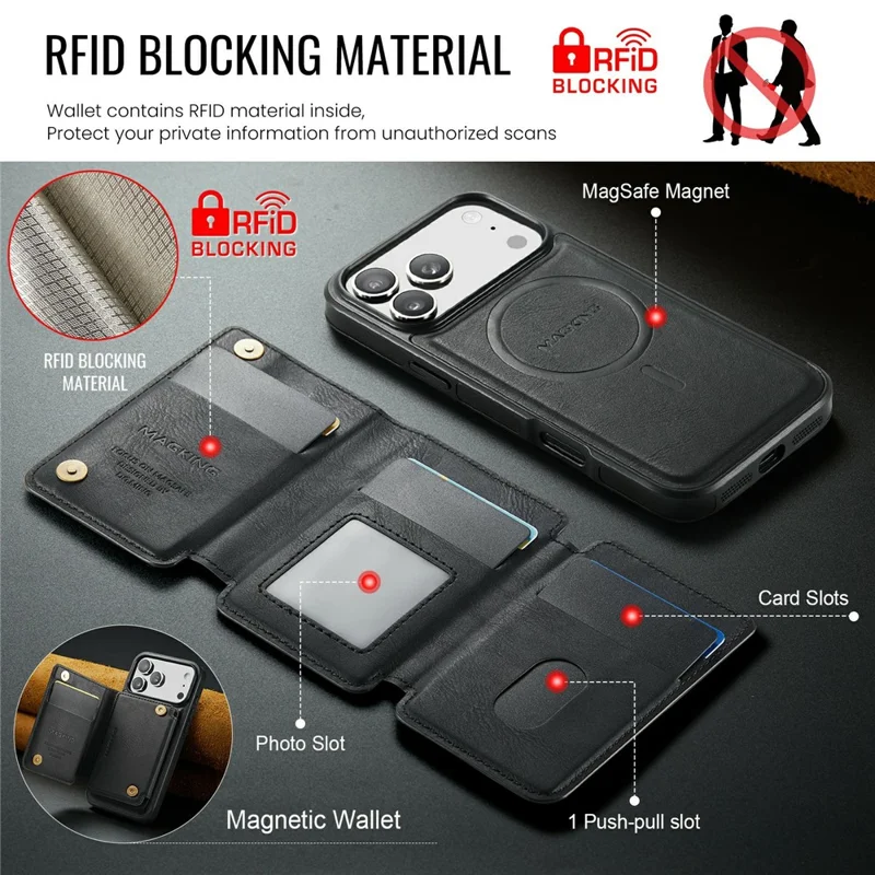 MAGKING K3 Series For iPhone 17 Pro Case Compatible with MagSafe Wallet PC + TPU + PU Phone Cover - Black