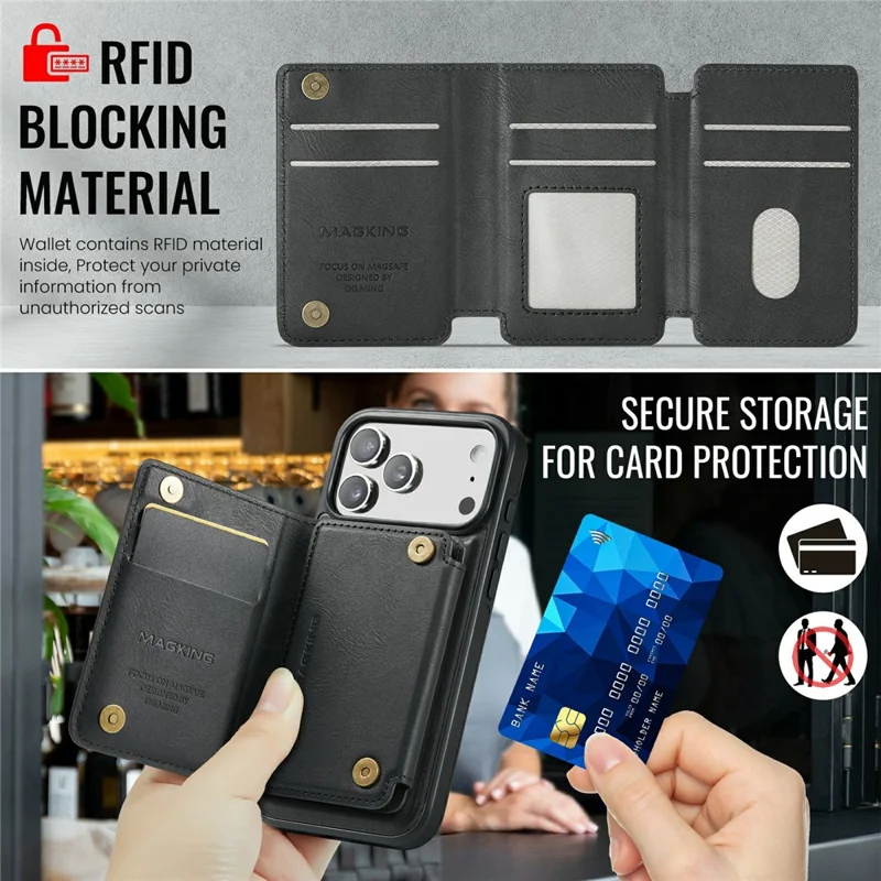 MAGKING K3 Series For iPhone 17 Pro Case Compatible with MagSafe Wallet PC + TPU + PU Phone Cover - Black