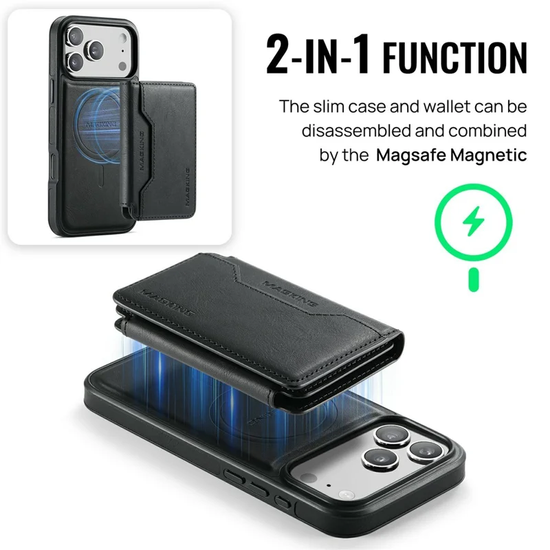 MAGKING K3 Series For iPhone 17 Pro Max Case Compatible with MagSafe Wallet PC + TPU + PU Phone Cover - Black