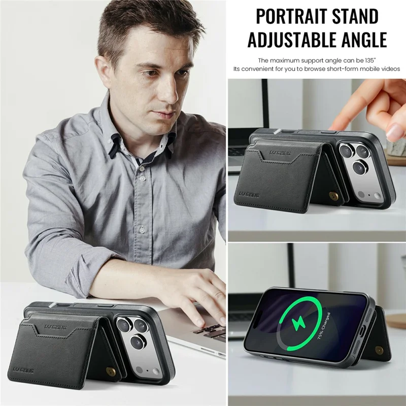 MAGKING K3 Series For iPhone 17 Pro Max Case Compatible with MagSafe Wallet PC + TPU + PU Phone Cover - Black