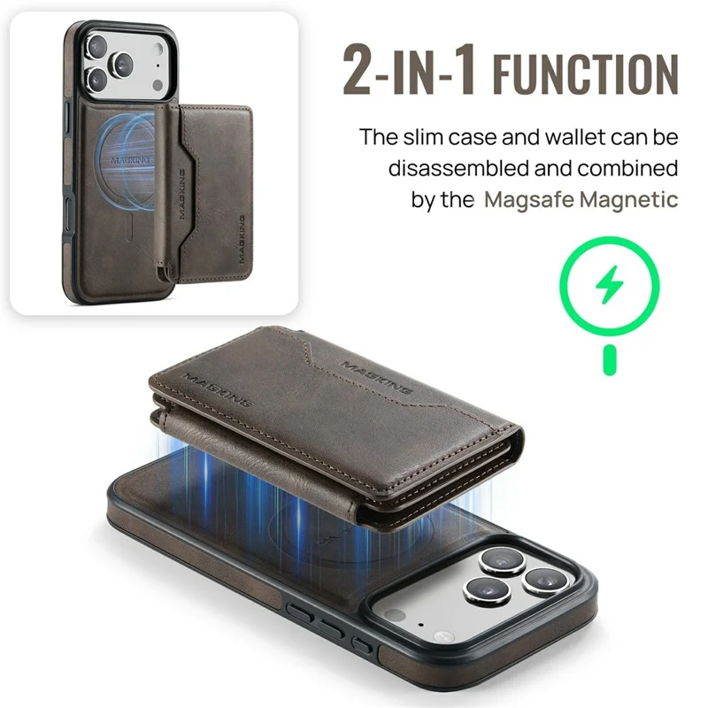 MAGKING K3 Series For iPhone 17 Pro Max Case Compatible with MagSafe Wallet PC + TPU + PU Phone Cover - Coffee