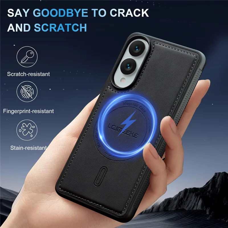 LC.IMEEKE L6 For Samsung Galaxy S25 Edge Case PU Leather Coated PC TPU Phone Cover Magnetic Case - Black