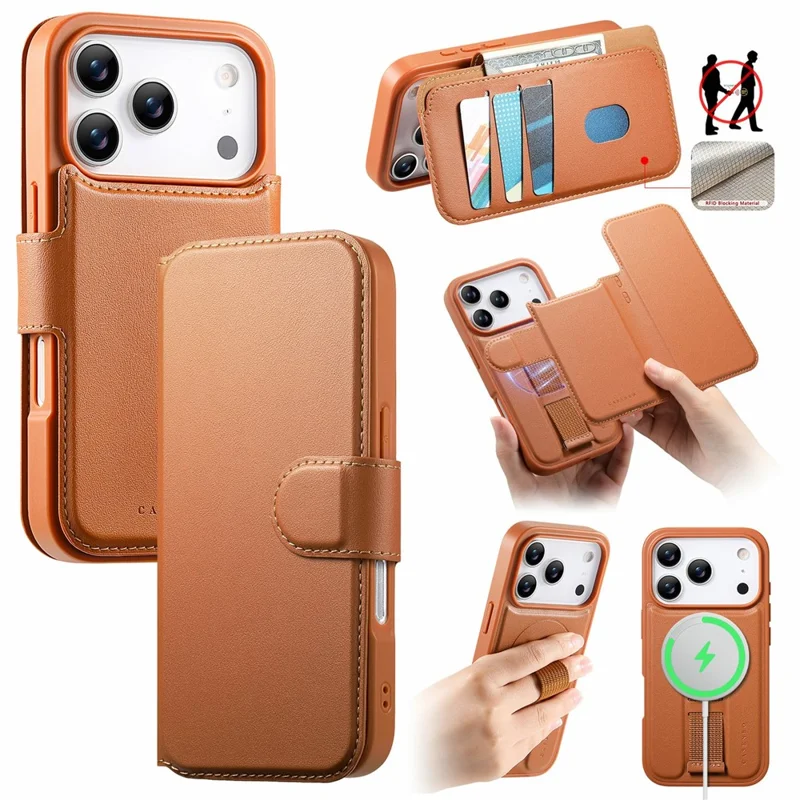 CASENEO For iPhone 18 Pro Max / 17 Pro Max Magnetic Case RFID Blocking Wallet Detachable Leather Phone Cover with Wristband - Brown