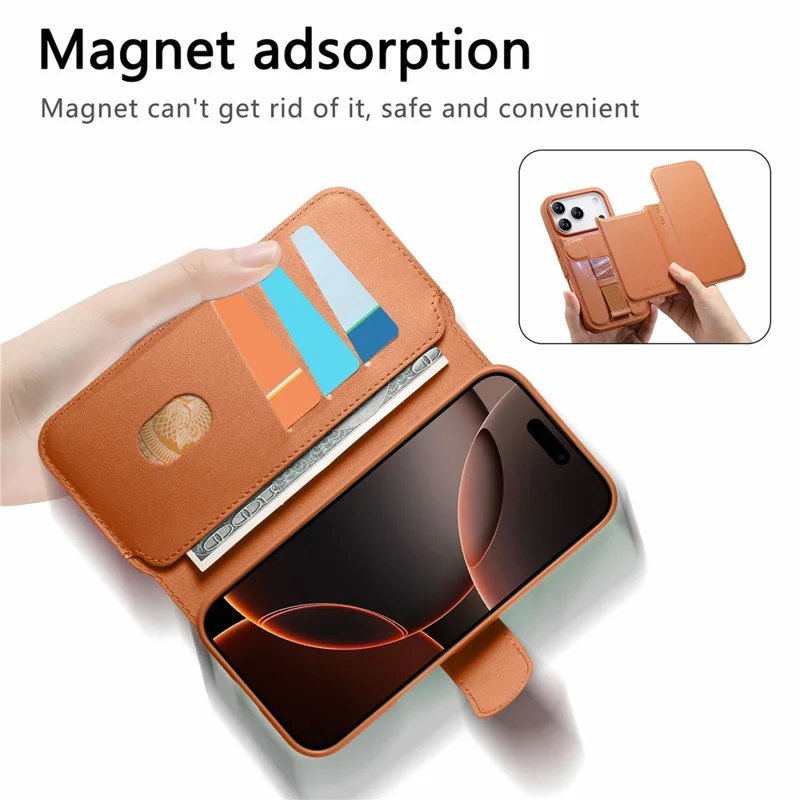 CASENEO For iPhone 18 Pro Max / 17 Pro Max Magnetic Case RFID Blocking Wallet Detachable Leather Phone Cover with Wristband - Brown