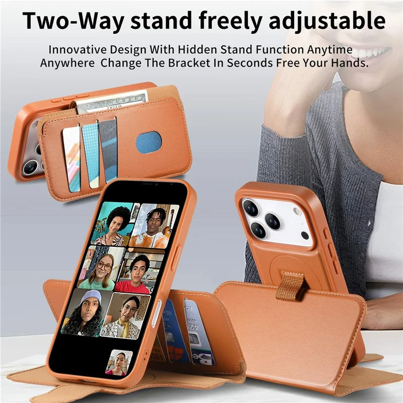 CASENEO For iPhone 18 Pro Max / 17 Pro Max Magnetic Case RFID Blocking Wallet Detachable Leather Phone Cover with Wristband - Brown