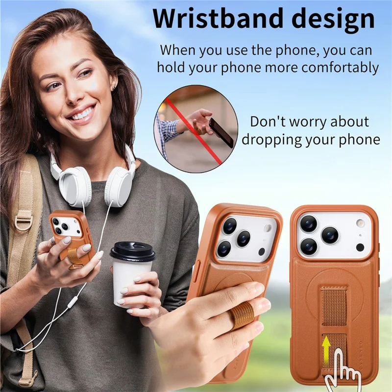 CASENEO For iPhone 18 Pro Max / 17 Pro Max Magnetic Case RFID Blocking Wallet Detachable Leather Phone Cover with Wristband - Brown