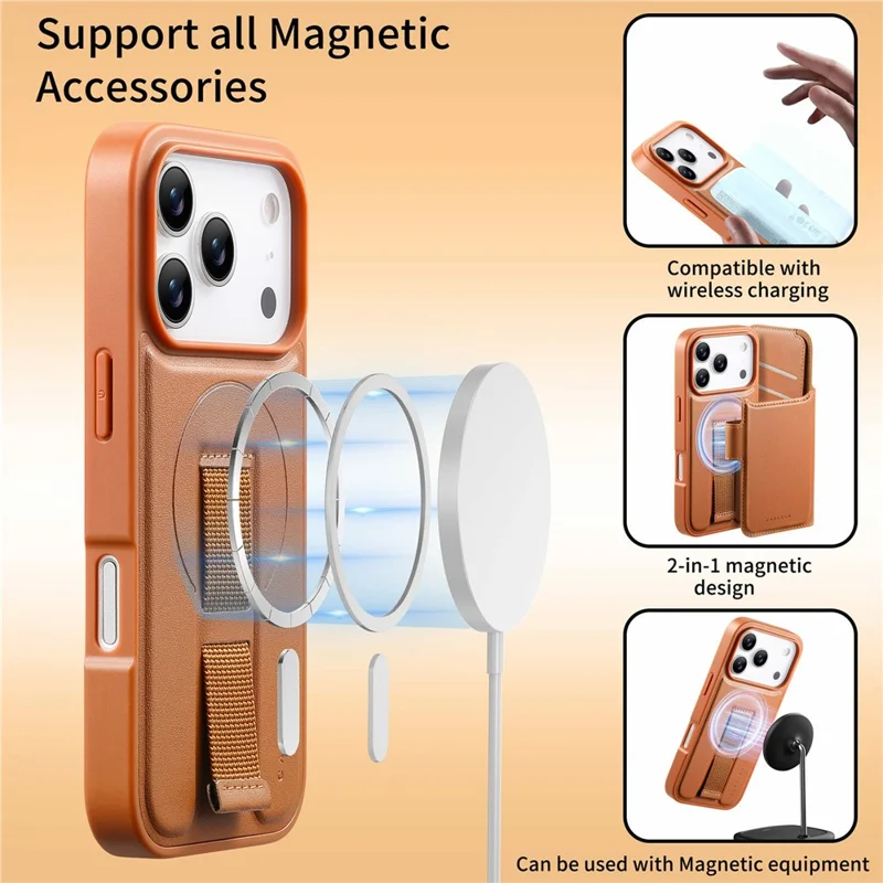 CASENEO For iPhone 18 Pro Max / 17 Pro Max Magnetic Case RFID Blocking Wallet Detachable Leather Phone Cover with Wristband - Brown