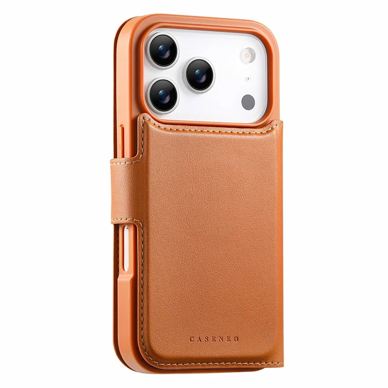 CASENEO For iPhone 18 Pro Max / 17 Pro Max Magnetic Case RFID Blocking Wallet Detachable Leather Phone Cover with Wristband - Brown