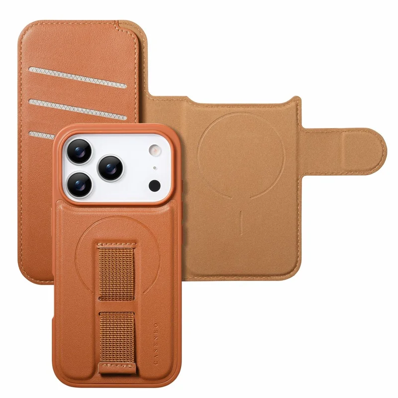 CASENEO For iPhone 18 Pro Max / 17 Pro Max Magnetic Case RFID Blocking Wallet Detachable Leather Phone Cover with Wristband - Brown