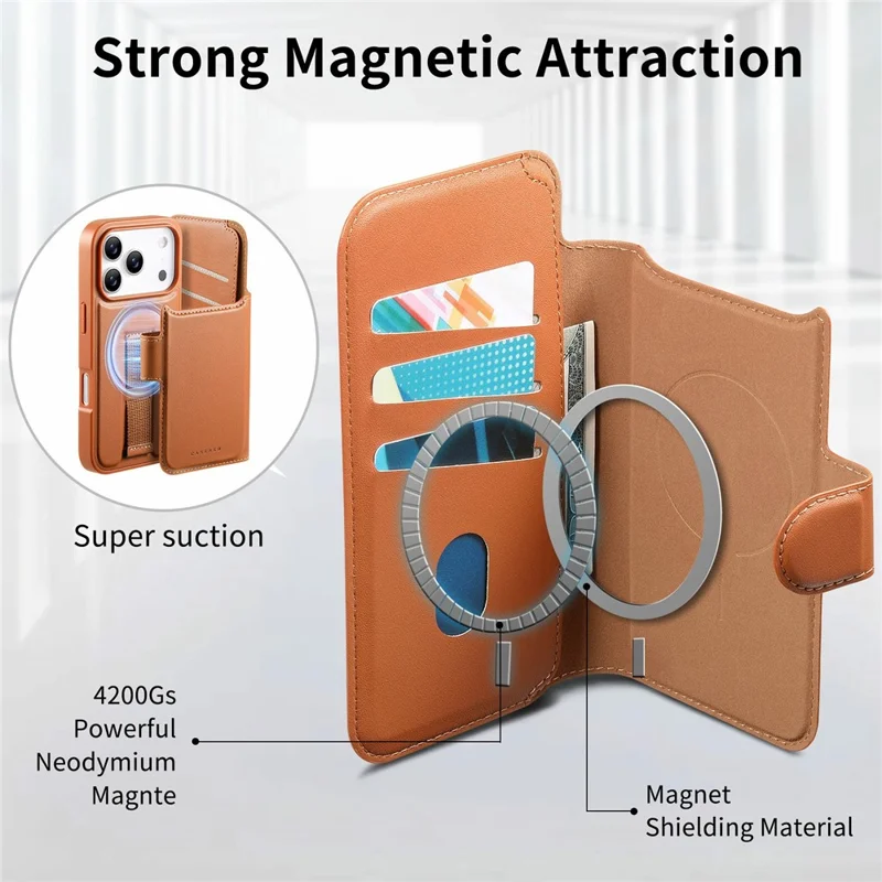CASENEO For iPhone 18 Pro Max / 17 Pro Max Magnetic Case RFID Blocking Wallet Detachable Leather Phone Cover with Wristband - Brown