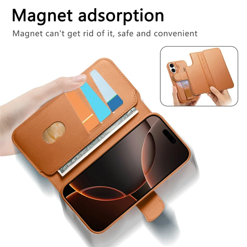 CASENEO For iPhone 17 Magnetic Case RFID Blocking Wallet Detachable Leather Phone Cover with Wristband - Brown