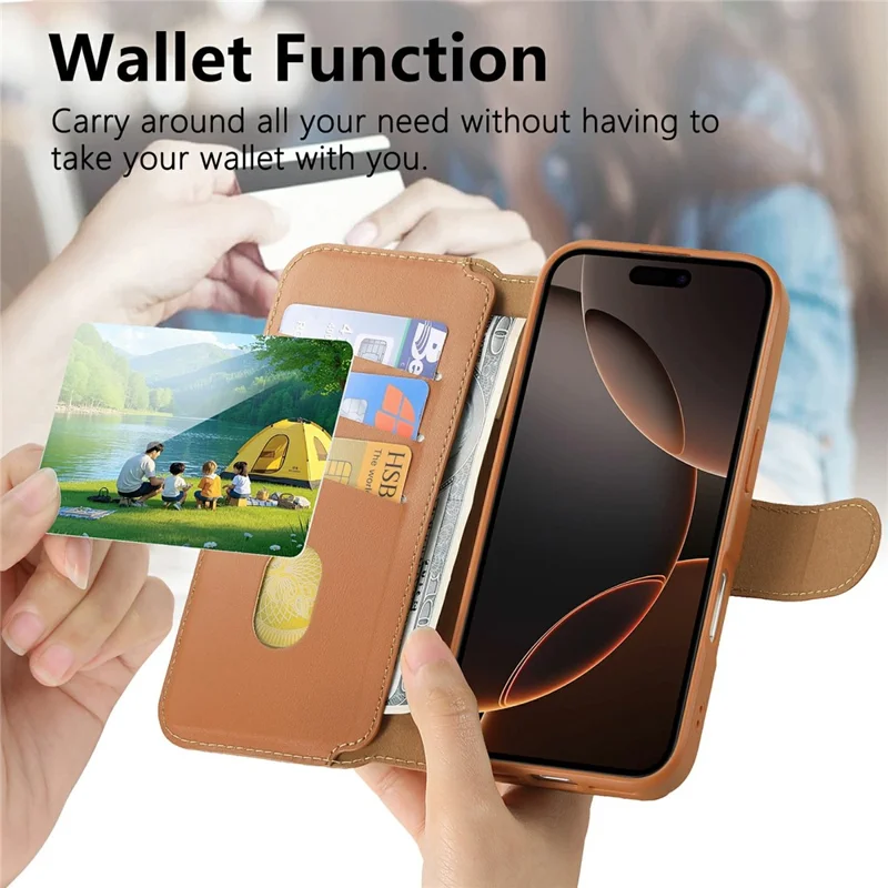 CASENEO For iPhone 17 Magnetic Case RFID Blocking Wallet Detachable Leather Phone Cover with Wristband - Brown