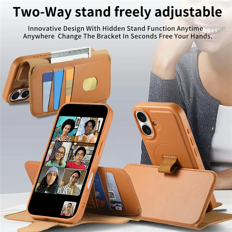 CASENEO For iPhone 17 Magnetic Case RFID Blocking Wallet Detachable Leather Phone Cover with Wristband - Brown