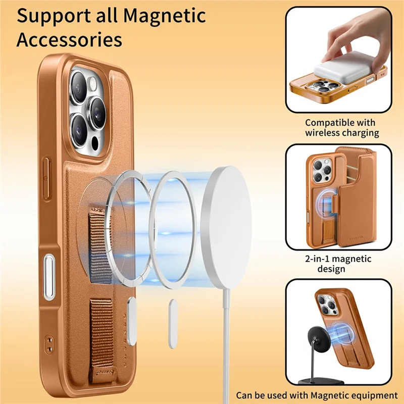 CASENEO For iPhone 17 Magnetic Case RFID Blocking Wallet Detachable Leather Phone Cover with Wristband - Brown