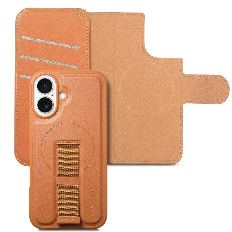 CASENEO For iPhone 17 Magnetic Case RFID Blocking Wallet Detachable Leather Phone Cover with Wristband - Brown