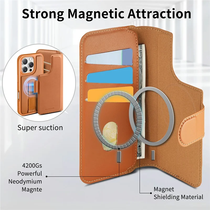 CASENEO For iPhone 17 Magnetic Case RFID Blocking Wallet Detachable Leather Phone Cover with Wristband - Brown