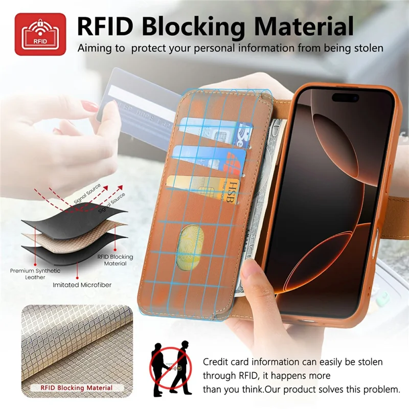 CASENEO For iPhone 17 Magnetic Case RFID Blocking Wallet Detachable Leather Phone Cover with Wristband - Brown