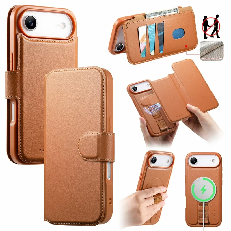 CASENEO For iPhone Air Magnetic Case RFID Blocking Wallet Detachable Leather Phone Cover with Wristband - Brown