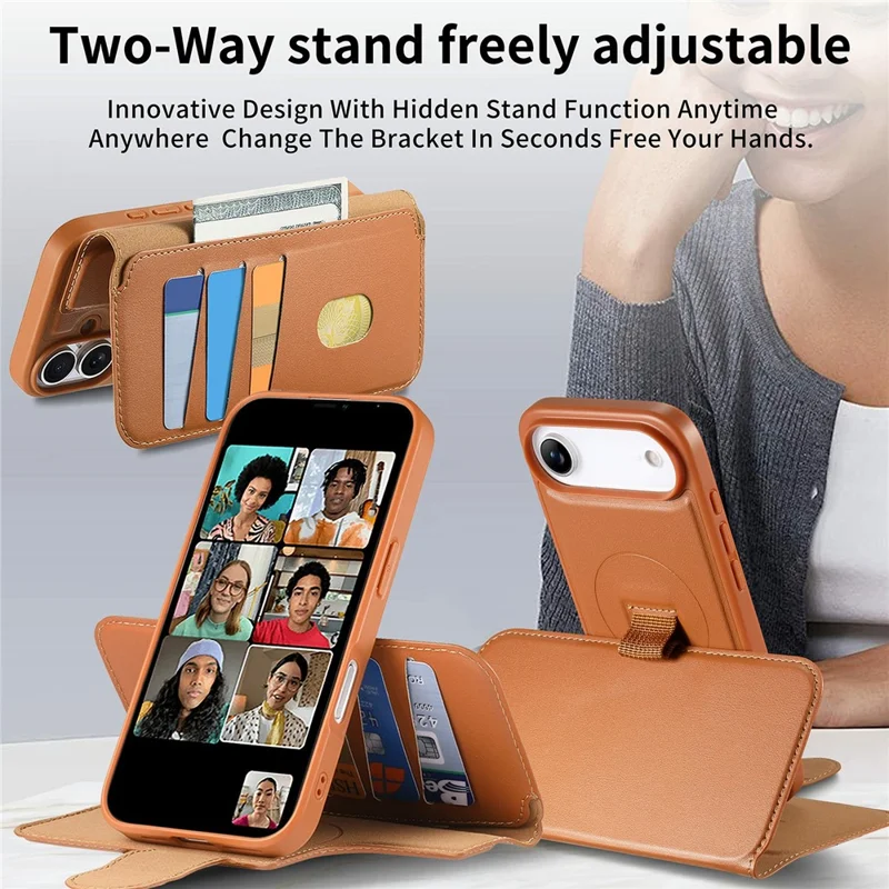 CASENEO For iPhone Air Magnetic Case RFID Blocking Wallet Detachable Leather Phone Cover with Wristband - Brown