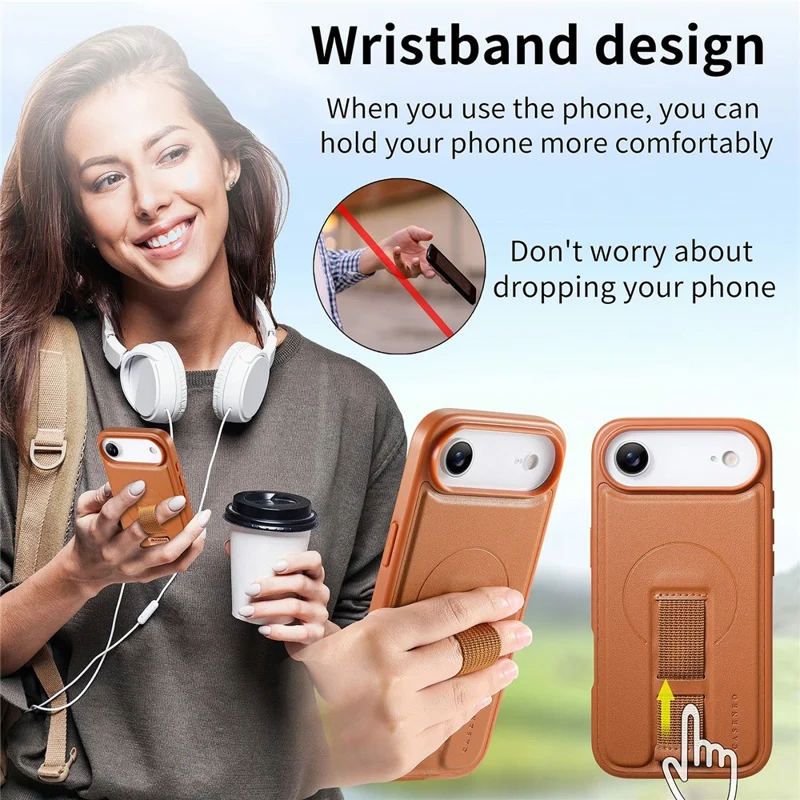 CASENEO For iPhone Air Magnetic Case RFID Blocking Wallet Detachable Leather Phone Cover with Wristband - Brown