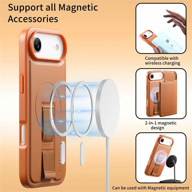 CASENEO For iPhone Air Magnetic Case RFID Blocking Wallet Detachable Leather Phone Cover with Wristband - Brown