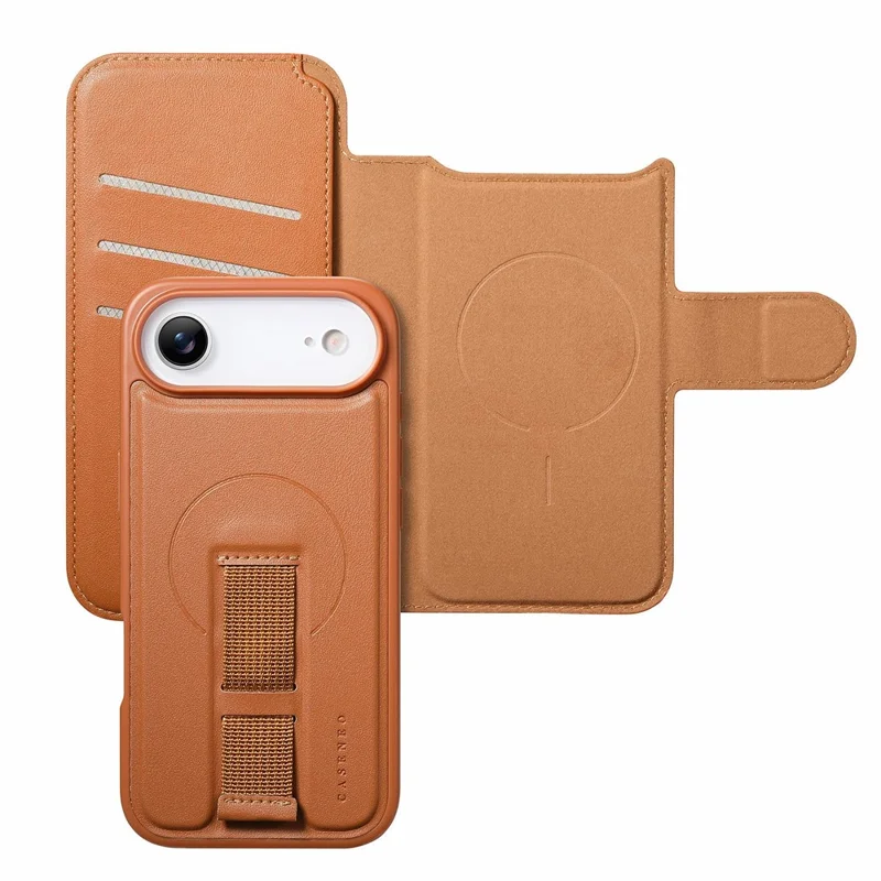 CASENEO For iPhone Air Magnetic Case RFID Blocking Wallet Detachable Leather Phone Cover with Wristband - Brown