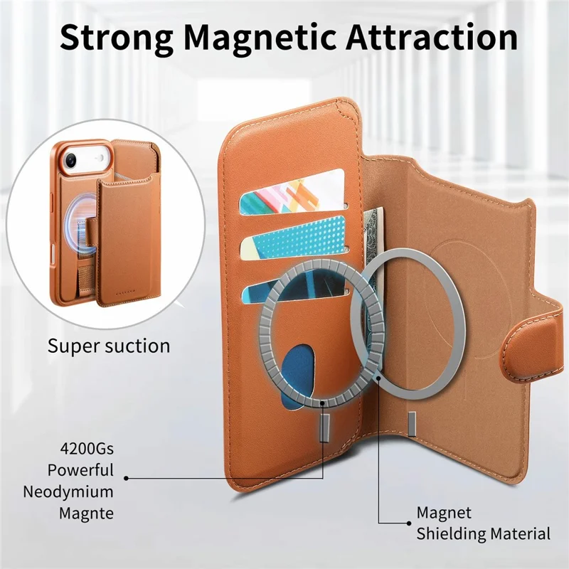 CASENEO For iPhone Air Magnetic Case RFID Blocking Wallet Detachable Leather Phone Cover with Wristband - Brown