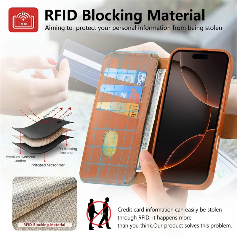 CASENEO For iPhone Air Magnetic Case RFID Blocking Wallet Detachable Leather Phone Cover with Wristband - Brown