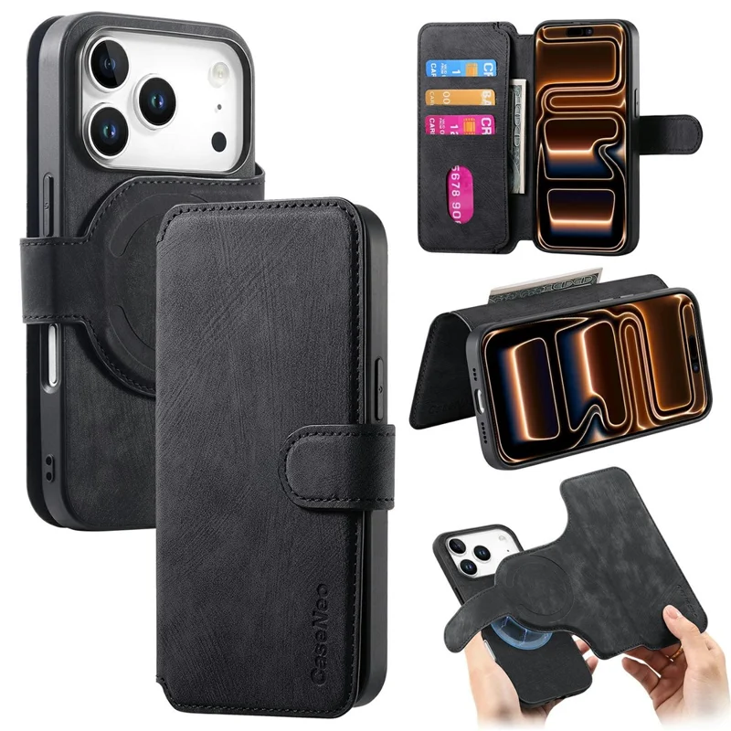 CASENEO MW-03 For iPhone 17 Pro Case with Detachable Wallet Leather + TPU Phone Cover - Black