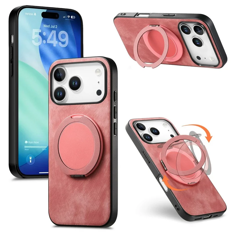 For iPhone 17 Pro Max Phone Case with Rotating Kickstand Stress Relief Retro Leather Back Cover - Pink