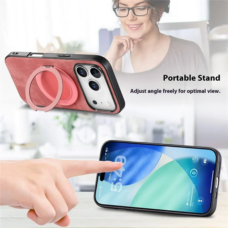 For iPhone 17 Pro Max Phone Case with Rotating Kickstand Stress Relief Retro Leather Back Cover - Pink
