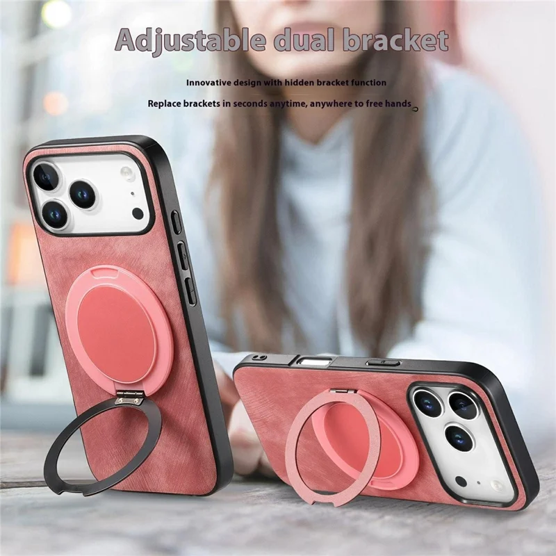 For iPhone 17 Pro Max Phone Case with Rotating Kickstand Stress Relief Retro Leather Back Cover - Pink