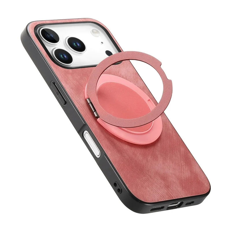 For iPhone 17 Pro Max Phone Case with Rotating Kickstand Stress Relief Retro Leather Back Cover - Pink
