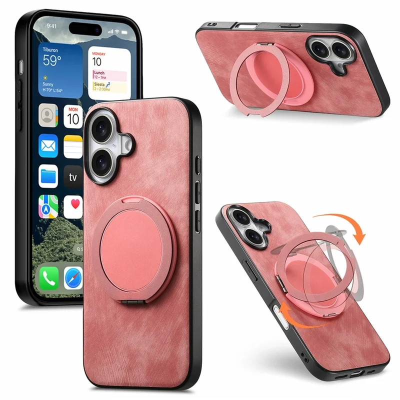 For iPhone 17 Phone Case with Rotating Kickstand Stress Relief Retro Leather Back Cover - Pink