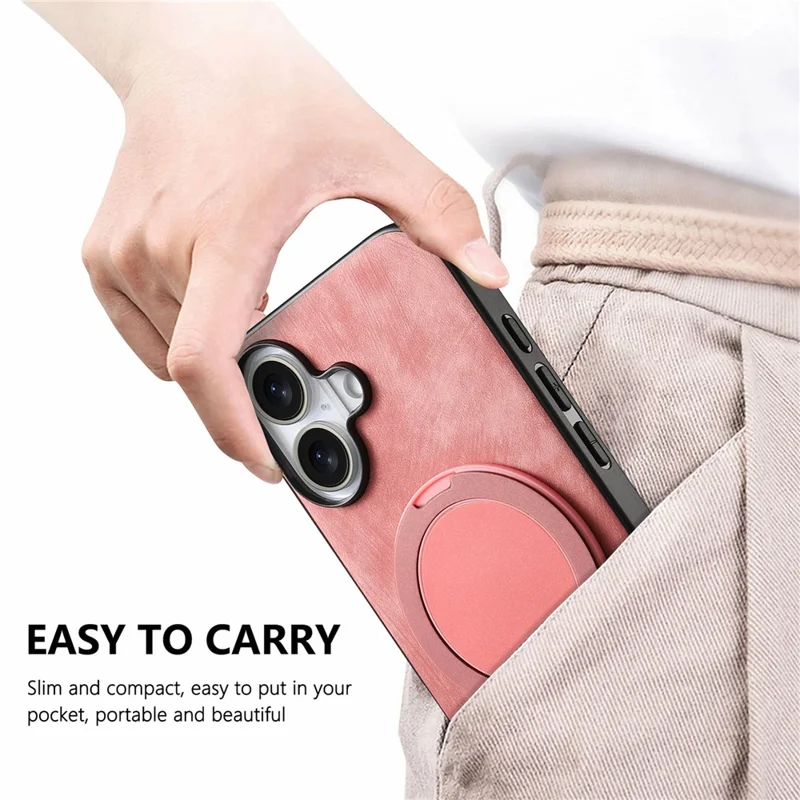 For iPhone 17 Phone Case with Rotating Kickstand Stress Relief Retro Leather Back Cover - Pink