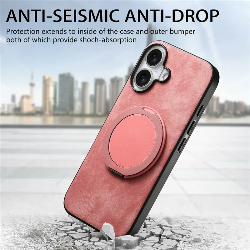 For iPhone 17 Phone Case with Rotating Kickstand Stress Relief Retro Leather Back Cover - Pink