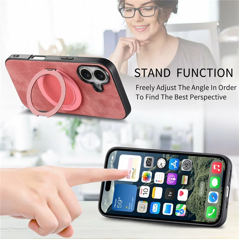 For iPhone 17 Phone Case with Rotating Kickstand Stress Relief Retro Leather Back Cover - Pink