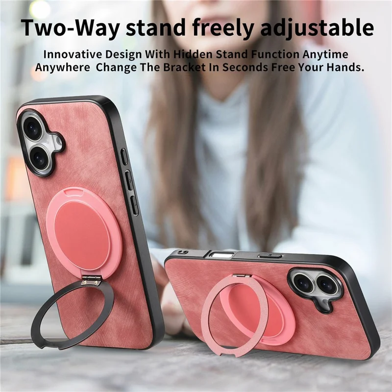 For iPhone 17 Phone Case with Rotating Kickstand Stress Relief Retro Leather Back Cover - Pink