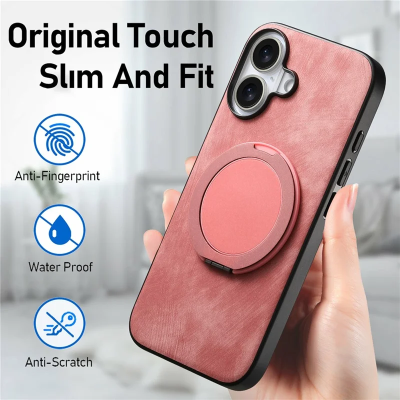 For iPhone 17 Phone Case with Rotating Kickstand Stress Relief Retro Leather Back Cover - Pink