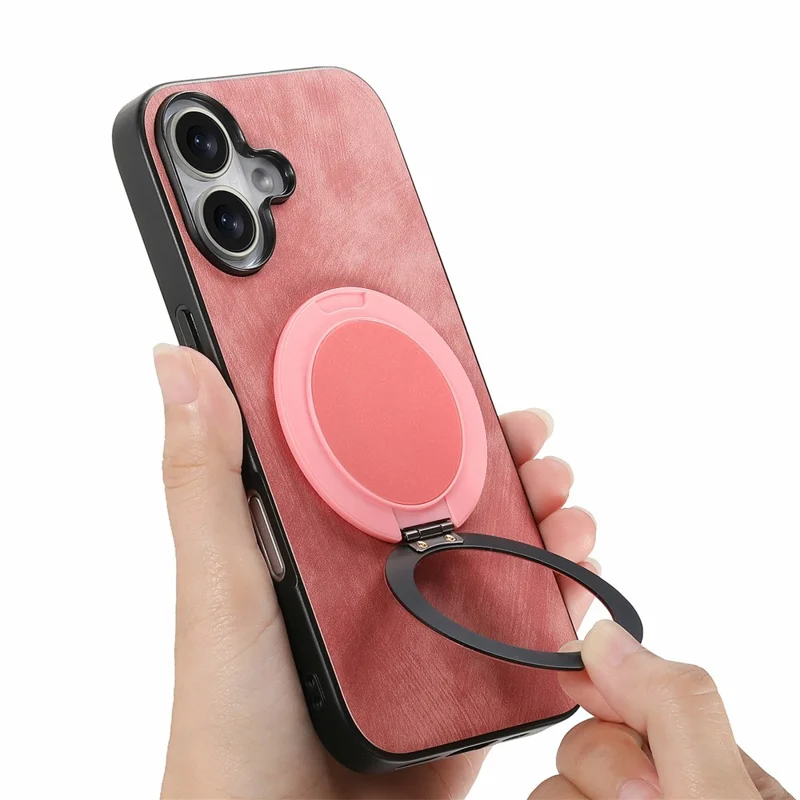 For iPhone 17 Phone Case with Rotating Kickstand Stress Relief Retro Leather Back Cover - Pink