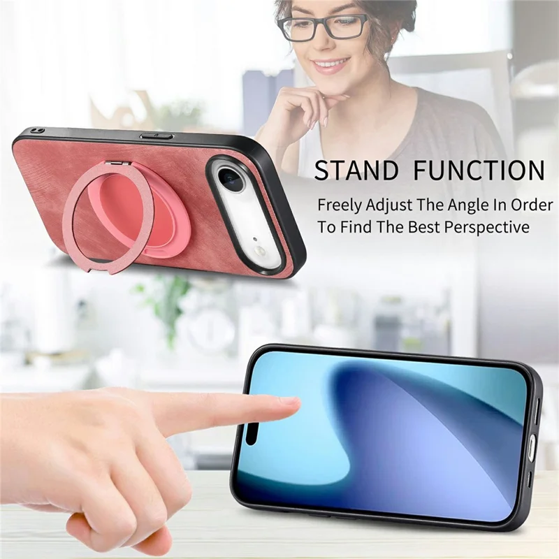 For iPhone Air Phone Case with Rotating Kickstand Stress Relief Retro Leather Back Cover - Pink