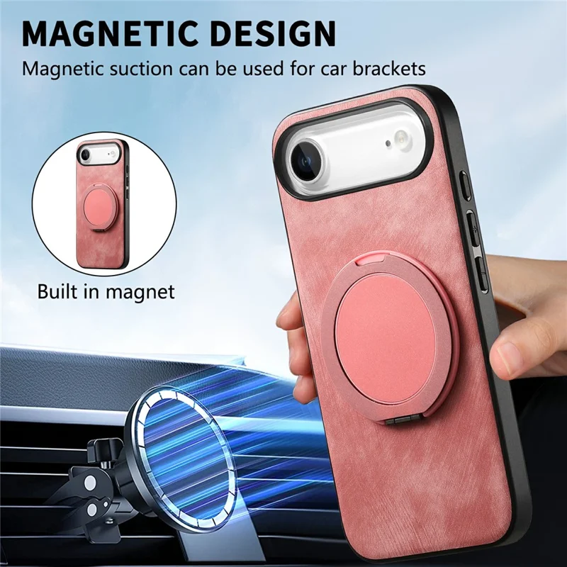 For iPhone Air Phone Case with Rotating Kickstand Stress Relief Retro Leather Back Cover - Pink